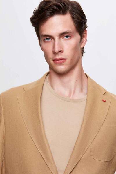 D'S Damat Ds Damat Regular Fit Beige Plain 100% Linen Fabric Jacket