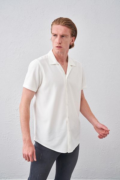 TENA Men's Ecru Short Sleeve Ottoman Fabric Apache Collar Shirt