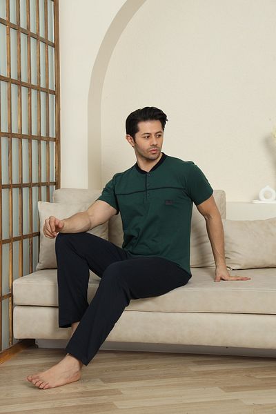 MODAREYA Short Sleeve Khaki Buttoned Collar Embroidered Men's Pajama Set