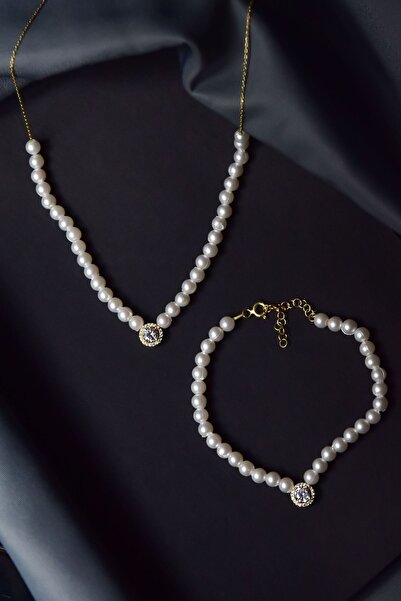 Papatya Silver 925 Ayar Gümüş Gold Kaplama Tek Taşlı, Incili Kolye Ve Bilekli...