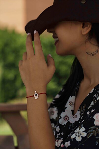 Papatya Silver Kırmızı İpli Nazar Boncuklu Fatma Ana Eli Gümüş Bileklik