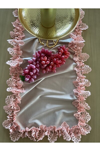 Hyatt Concept Fırfırlı fransız dantelli pudra&yavruağzı kadife runner