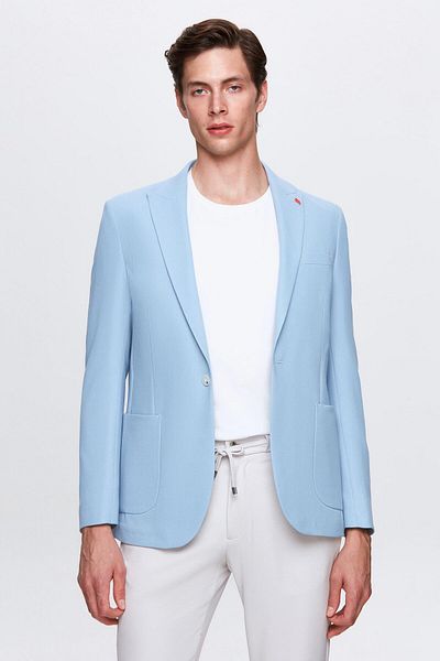 Twn Dark Blue Slim Fit Dobby Blazer Jacket
