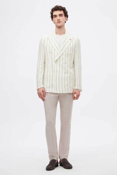 Twn Slim Fit Ecru Dobby 100% Linen Double Breasted Fabric Jacket
