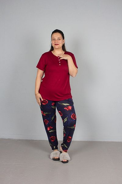 Truva XXL Large Size Bottom Floral Patterned Top Burgundy Pajama Suit