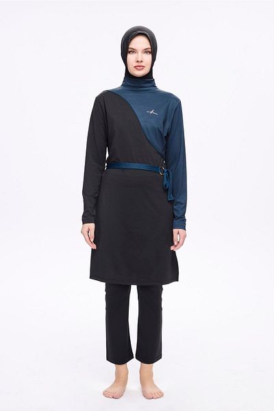 Haşema Σετ μαγιό με λεπτομέρεια μαύρο Navy Blue Lycra 5 τεμαχίων Full Hijab 5007