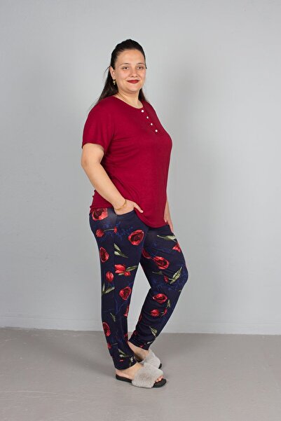 Truva XXL Large Size Bottom Floral Patterned Top Burgundy Pajama Suit