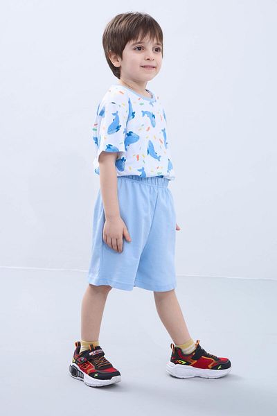 Perendi Set de vară albastru pentru bărbați - tricou cu mânecă scurtă și pantaloni scurți cu imprimeu balenă