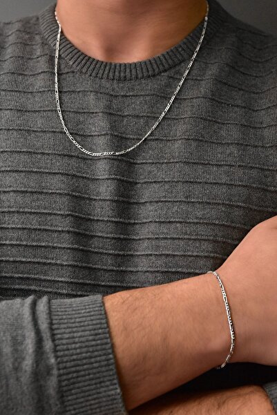 Papatya Silver 925 Ayar Rodyum Kaplama Erkek Figaro Gümüş Zincir Kolye Bilekl...