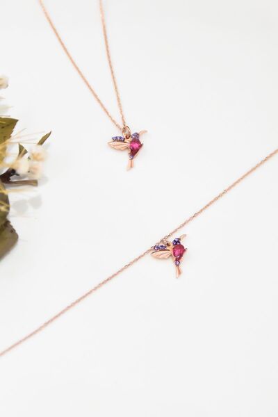 Papatya Silver 925 Ayar Gümüş Rose Kaplama Taşlı Kuş Kolye Bileklik Set