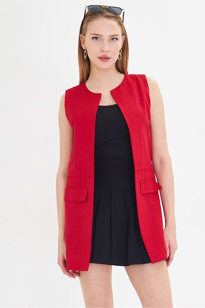 armonika Women's Red Crew Neck Vest with Stitching Detail on the Waist Arm-25Y 001019