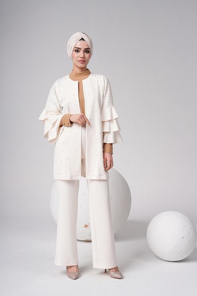 Ambargo Jacket Pants Set |   Pearl Detailed Ruffled Sleeve Flexible Fabric |   4 Season Use