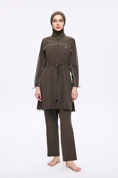 Haşema Σετ μαγιό 6 τεμαχίων Full Hijab Cream Piping Khaki 5013