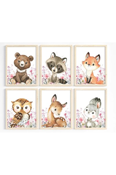 FORONEUS Set de picturi pentru camera copiilor cu animale din pădure, 6 piese