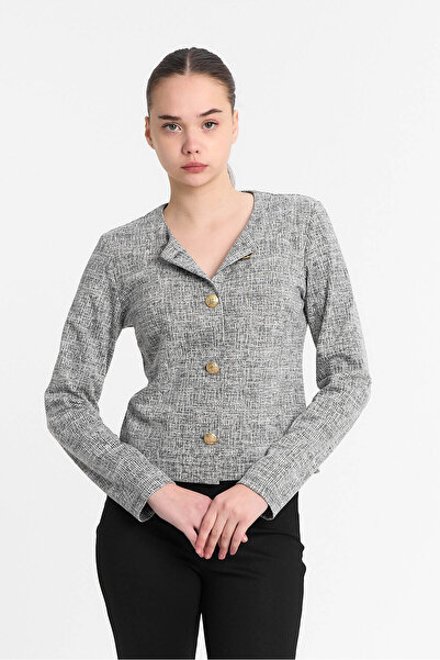 Laranor Gri Dokulu Kumaş Gold Düğme Tasarım Ceket - Hırka Gündüz - Gece Şıklığı 25l8013