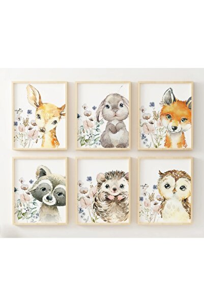 FORONEUS Комплект от 6 картини за детска стая „Горски животни“