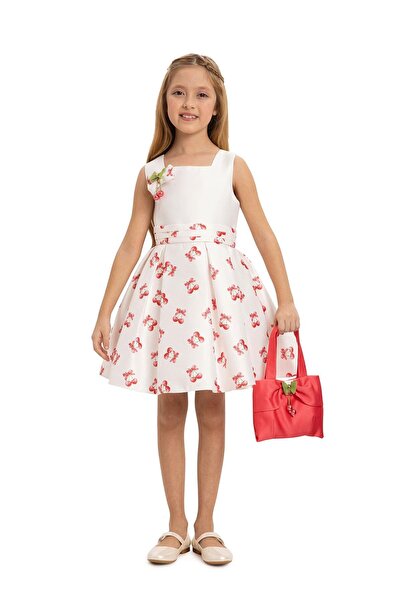 Pamina Rochie pentru fetiță 3-7 ani, ecru, cu imprimeu cireș, cu geantă