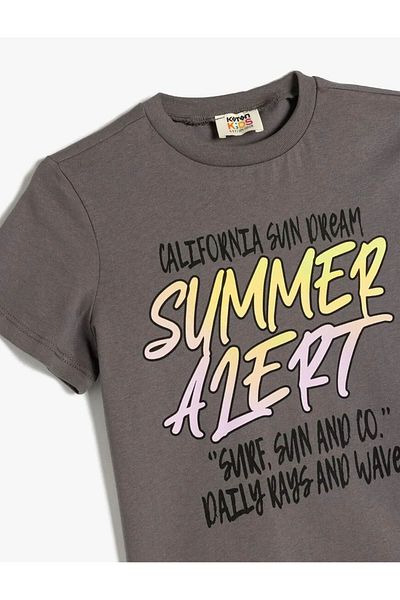 Koton Slogan Printed Crew Neck Short Sleeve Anthracite Boy's T-Shirt 5Skb10171Tk