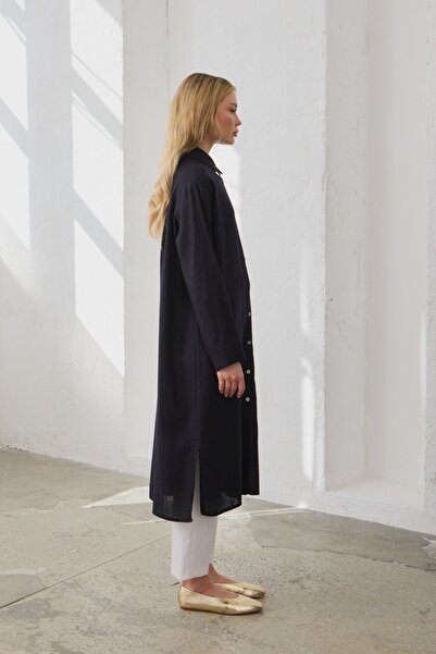 QANU Довга сорочка з одним кишенею з льону, синя