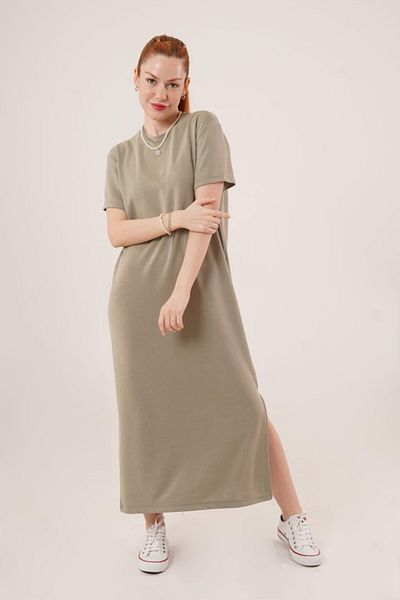 Viyamo Κοντό μανίκι Casual Maxi Fat Green φόρεμα με λεπτομέρεια σχισμής