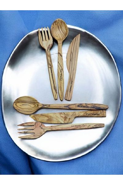 F&S WoodArt Olive Tree 6 Piece Set for 2 People Knife - Fork - Spoon
