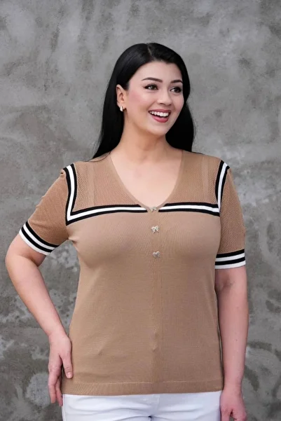 Bİ.GİYSEN Women's Brown Sleeve Mesh and Striped Soft Textured Lycra Cold Thread Cotton Thin Knitwear Blouse