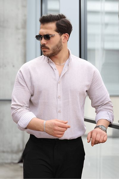Valiberta Striped Muslin Fabric Collar Men's Shirt - Beige