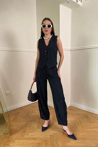 MAGARDE Buttoned Striped Trousers - Dark Blue