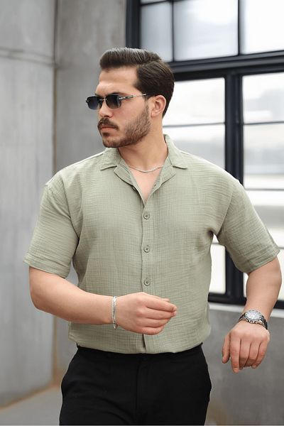 Valiberta Half Oversize Apache Collar Short Sleeve Muslin Fabric Men's Shirt - Khaki