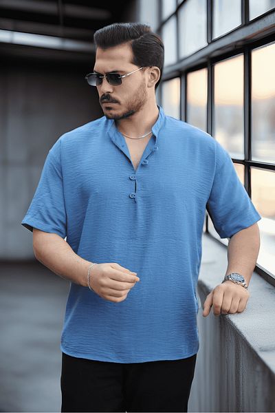 Valiberta Wes Oversize Half Placket Bamboo Short Sleeve Shirt - Blue