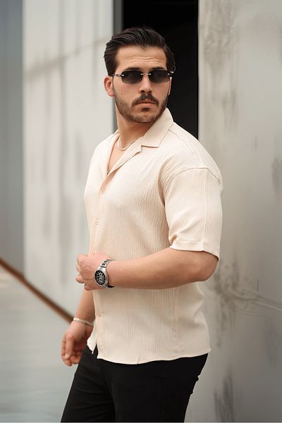 Valiberta Fresh Fabric Apaş Collar Short Sleeve Men's Shirt - Beige