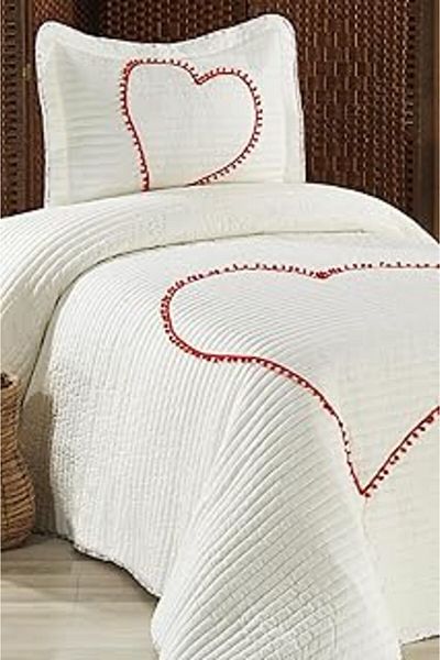 Mu Art Ahşap Larin Heart Pompom 100% Cotton Single Bedspread (Pike) Set