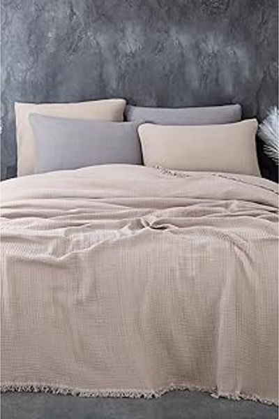 Hepta Collection Muslin 100% Cotton Single Bedspread (Pique) Set 4 Layer Soft Blanket 2 Pieces Beige