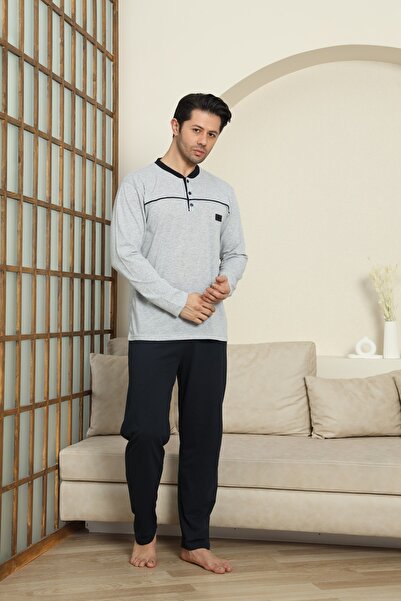 MODAREYA Εποχιακό μακρυμάνικο γκρι μελανζέ χρώμα με κουμπιά ανδρική πιτζάμα