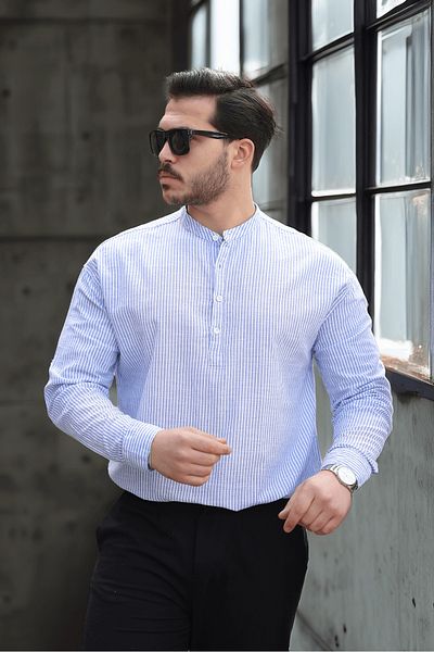 Valiberta Half Placket Stand Stripe Flam Linen Men's Shirt - Blue