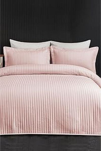Mu Art Ahşap 100% Cotton Bedspread (Pique) Set Double Quilted Striped Daily Washable Judy Powder