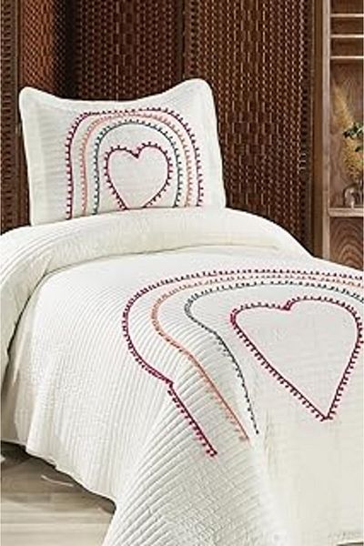 Mu Art Ahşap Hale colorful pom pom 100% cotton single bedspread heart (pique) set