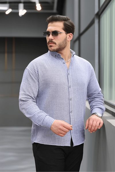 Valiberta Striped Muslin Fabric Collared Men's Shirt - Navy Blue