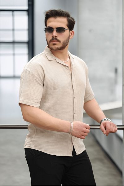 Valiberta Half Oversize Apache Collar Short Sleeve Muslin Fabric Men's Shirt - Beige