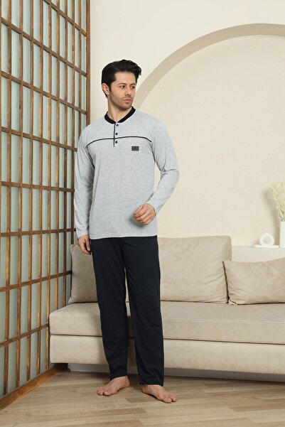 MODAREYA Εποχιακό μακρυμάνικο γκρι μελανζέ χρώμα με κουμπιά ανδρική πιτζάμα