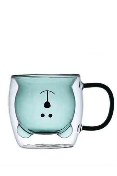 MUKKO HOME Double Wall Bear Patterned Borosilicate Glass Cup with Handle – 250 Ml, Heat Resistant