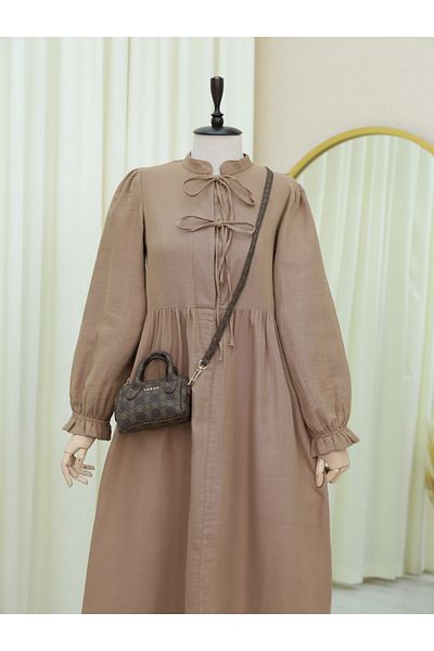Modamorfo Half Placket Lace up Elastic Sleeve Muslin Dress - Light Brown
