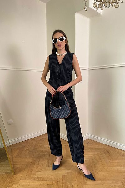 MAGARDE Buttoned Striped Trousers - Dark Blue