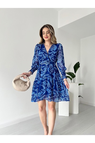 hiraz fashion Women's Patterned Double Breasted Neckline Chiffon Dress