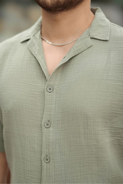 Valiberta Half Oversize Apache Collar Short Sleeve Muslin Fabric Men's Shirt - Khaki