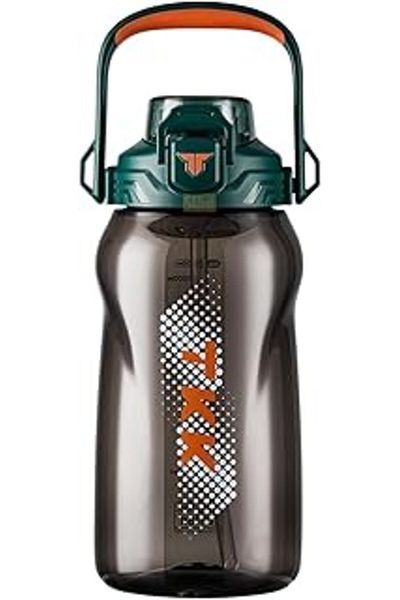 Mu Art Ahşap Tkk 1500ml Large Size Tritan Water Bottle With/Without Straw Use with Neck Strap and Handle (Green-Orange