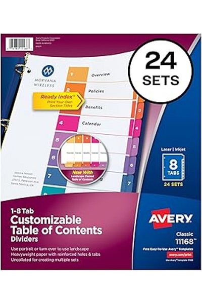 Hepta Collection Avery 8 Tab Dividers, 3-Ring Binder Contents Customizable Sheet, Multicolor Sek