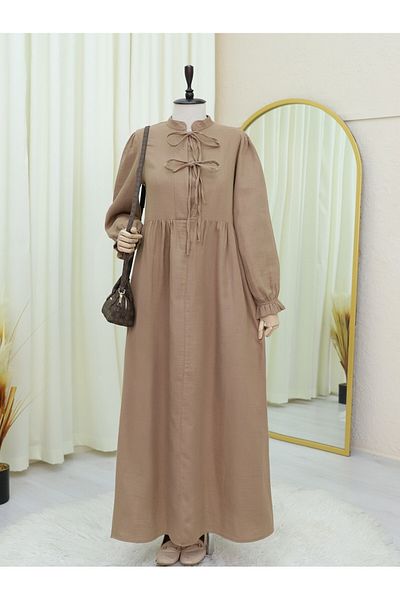 Modamorfo Half Placket Lace up Elastic Sleeve Muslin Dress - Light Brown