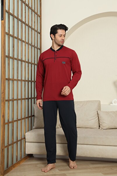 MODAREYA Σετ ανδρικής πιτζάμες με μακρυμάνικο μπορντό χρώμα με κουμπιά