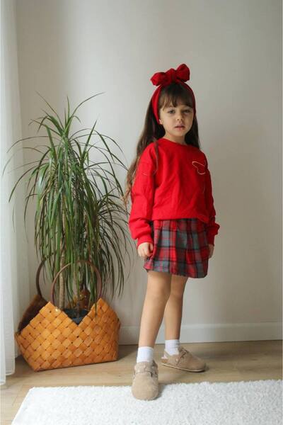 Butik Kız Çocuk Ekose Desenli Şort Etekli Takım